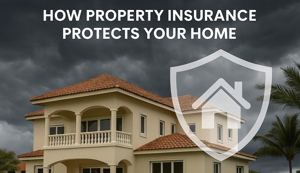 Luxury villa in Punta Cana with storm clouds overhead and a protective insurance shield overlay,