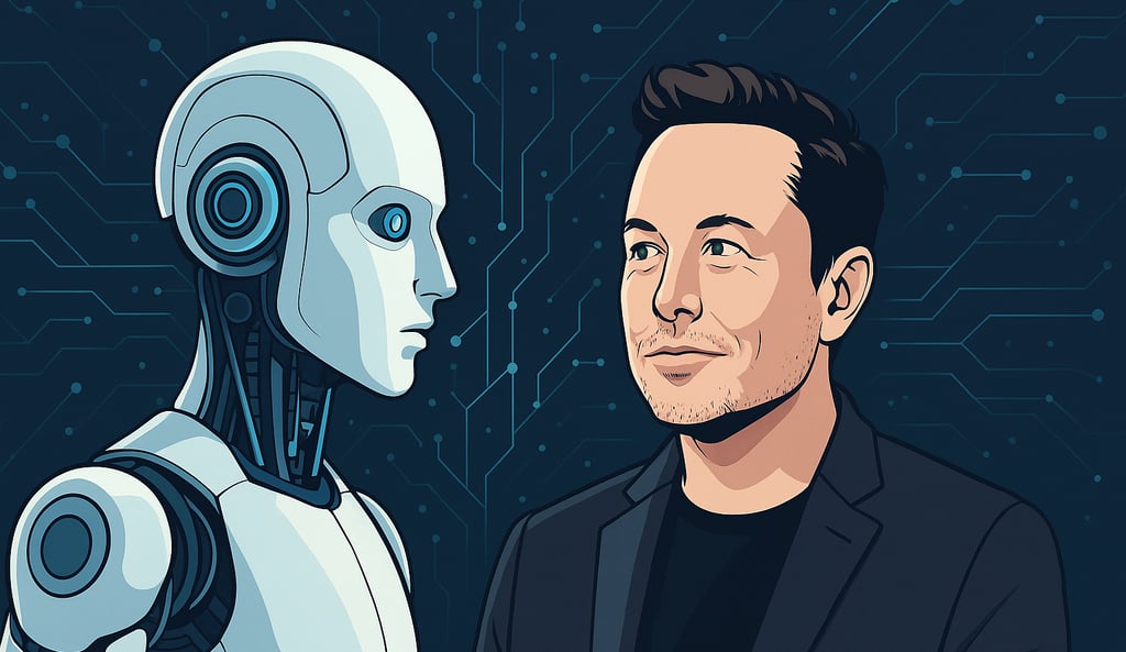Ilustração digital mostrando um robô humanoide e Elon Musk lado a lado, com fundo azul escuro replet