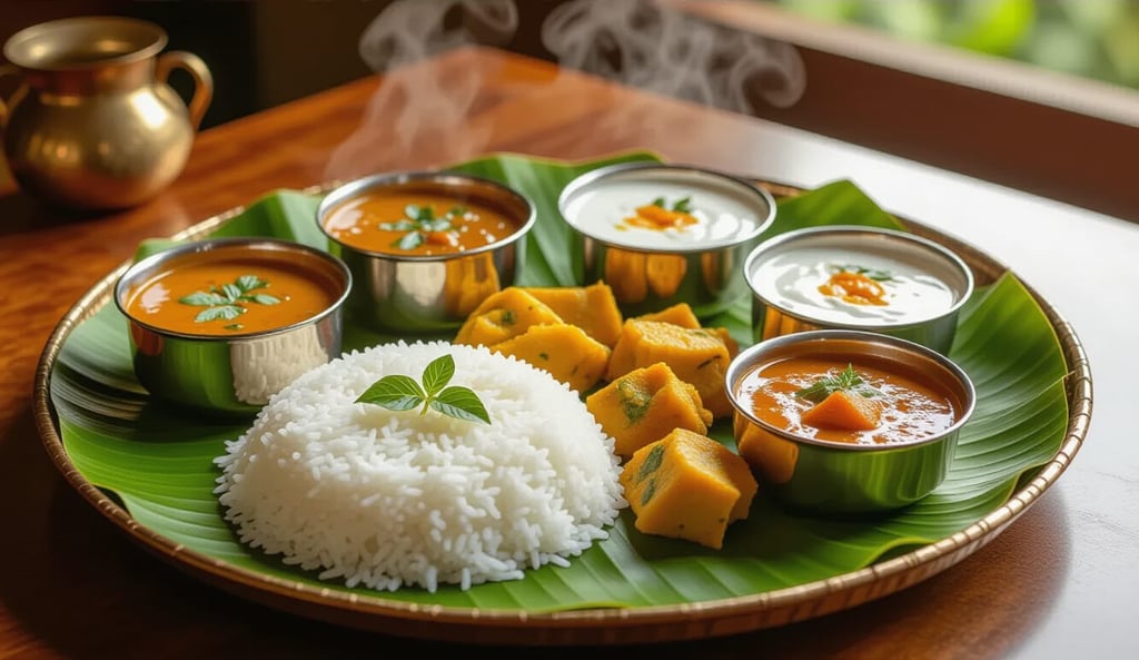 Traditional South Indian Thali, rice, sambar, veg curries, yogurt, & sweets in a fresh banana leaf.