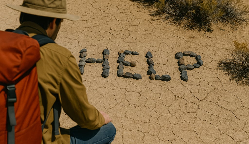Survivor spelling HELP with rocks on cracked dry ground, ground-to-air signal for wilderness emergency rescue