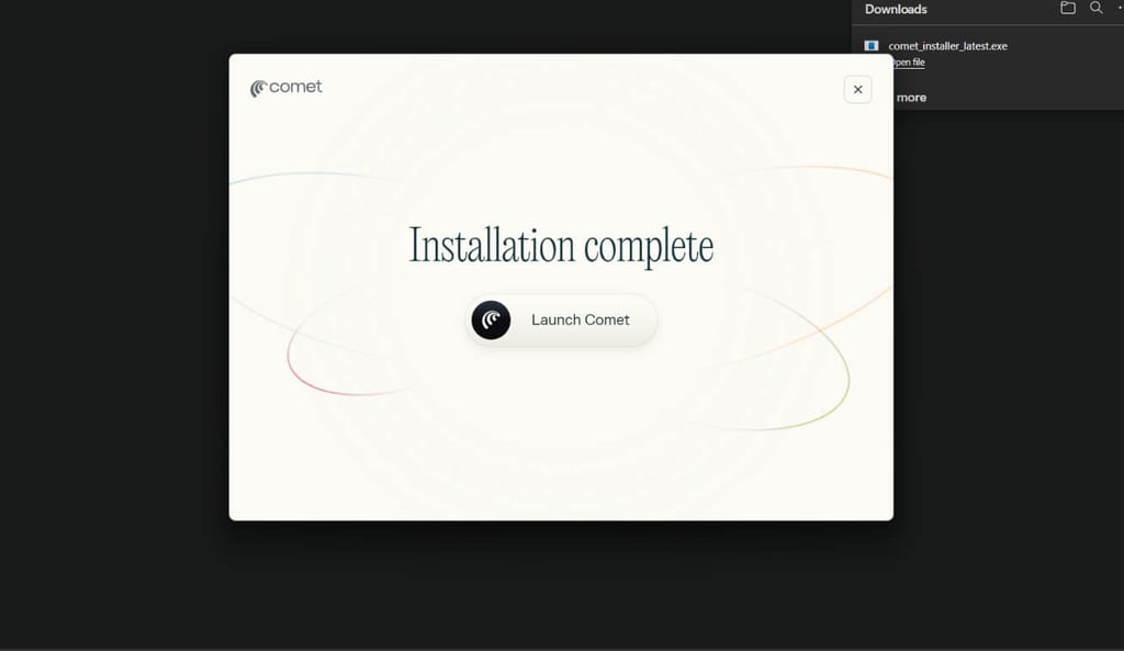 Comet browser installation complete screen with Launch Comet button