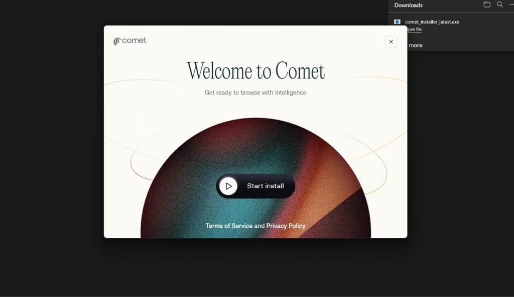 Comet browser Welcome to Comet installation screen with start install button