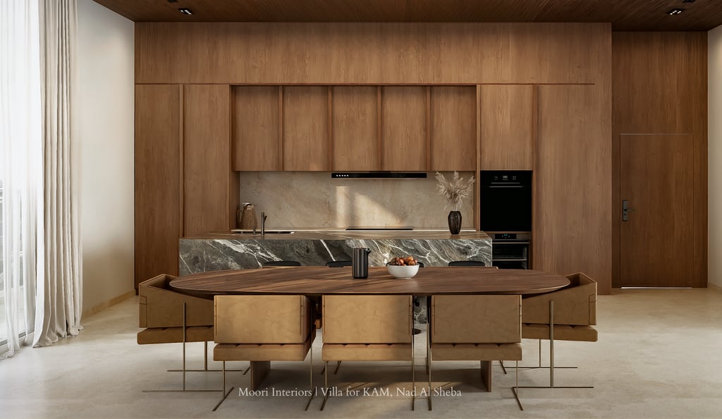 Contemporary open-plan space featuring a kitchen with integrated appliances and a dining area.