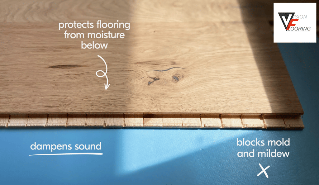 Benefits of having an underlayment for hardwood or LVP flooring. Dampens sound, protects from moisture, blocks mold.