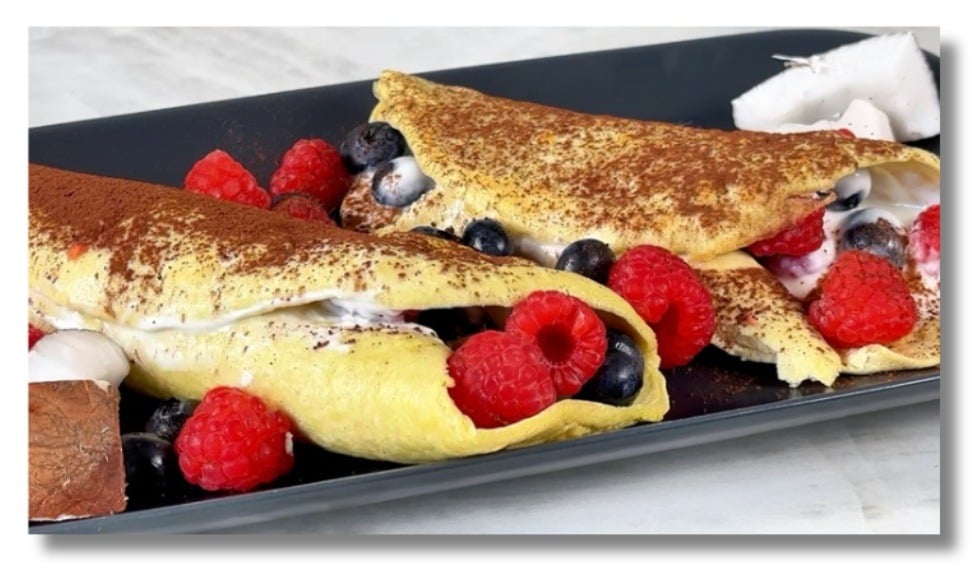 Light coconut crêpes made with coconut flour and almond milk — healthy, dairy-free breakfast.