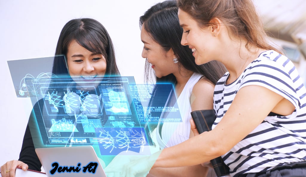 three girls are looking at a laptop while displaying and with a text jenni ai on the back