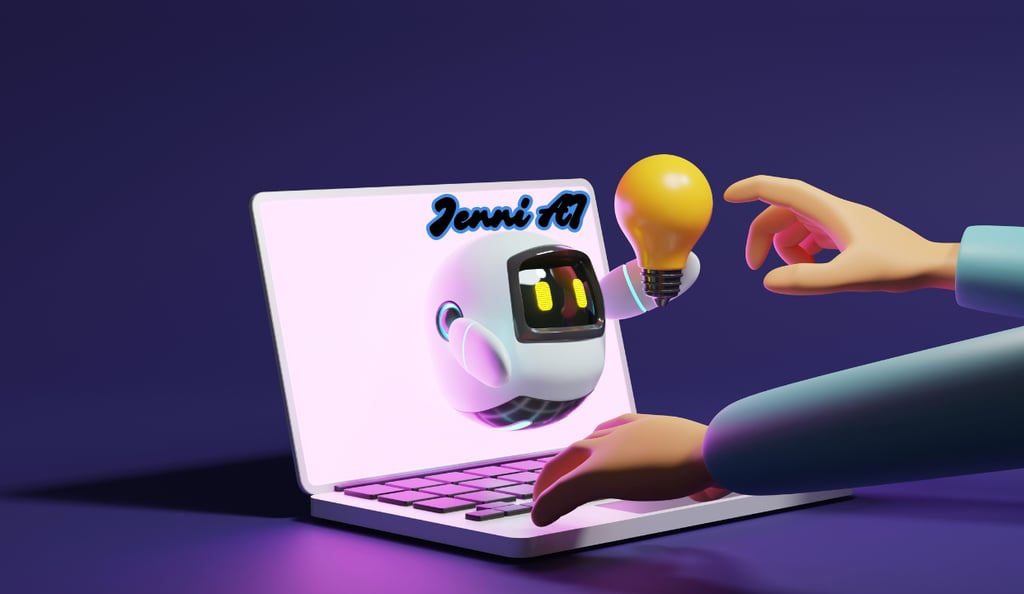 a robot holding a light bulb over a laptop with jenni ai on the screen