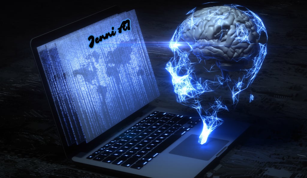 a laptop computer displaying with jenni ai text on the screen with a robot head