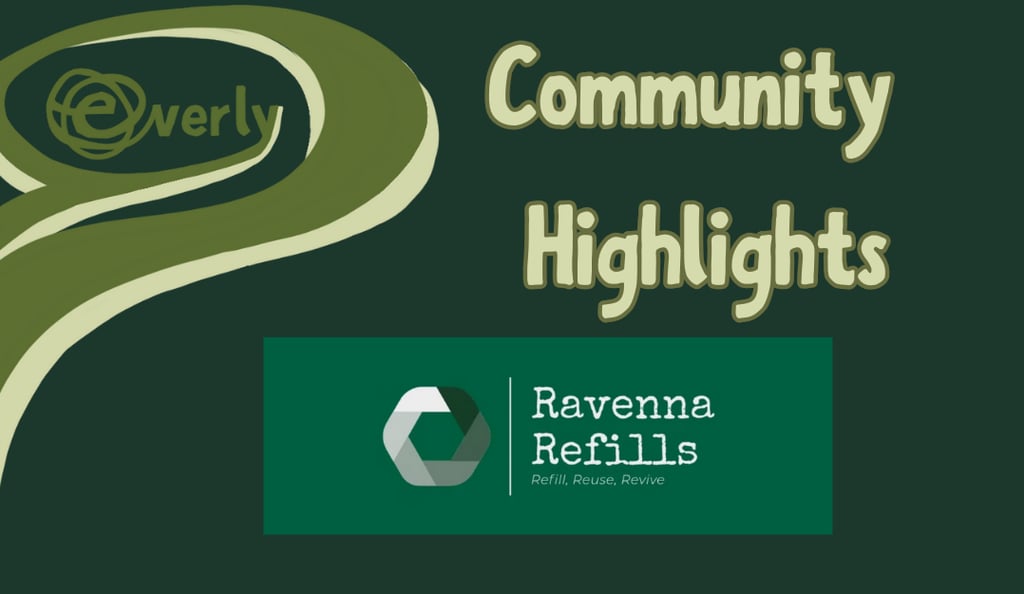 Green Background with light green Community Highlights title and Green & White Ravenna Refills logo