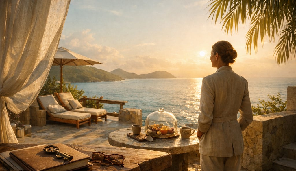 Terrasse d’un hôtel boutique aux Caraïbes françaises au coucher de soleil, vue mer, ambiance premium et calme