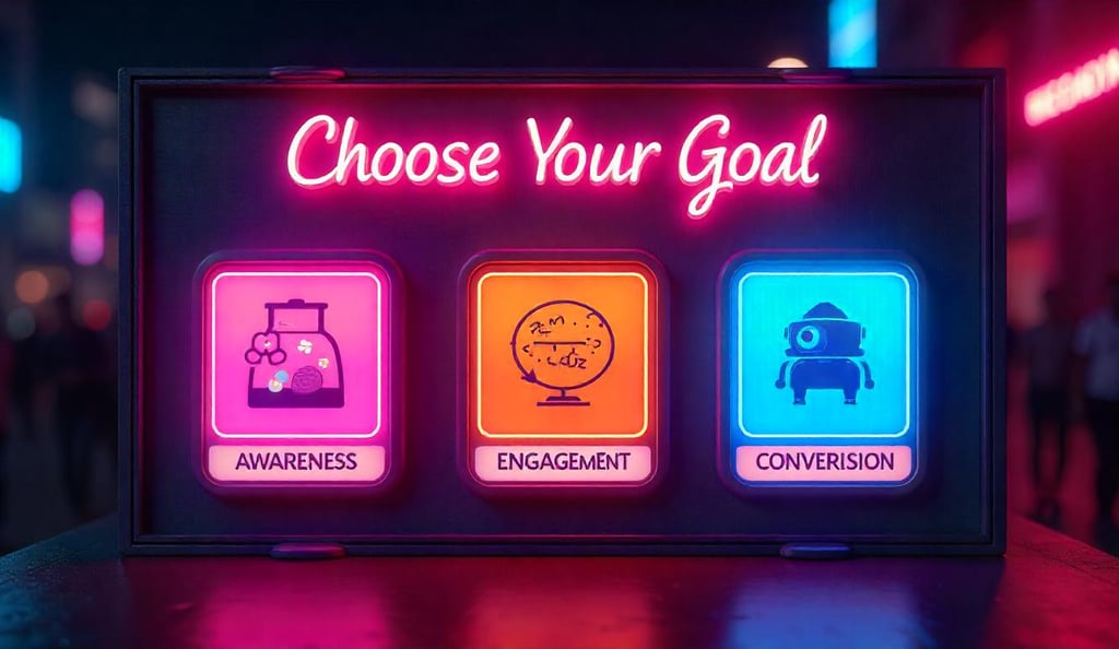 Choose your content Goal image showing three goals awareness, engagement, Conversion