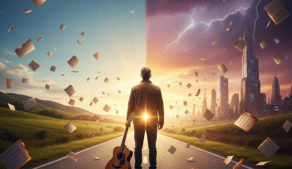 Surreal digital art of a musician with a guitar on a road between a green landscape and a stormy city.