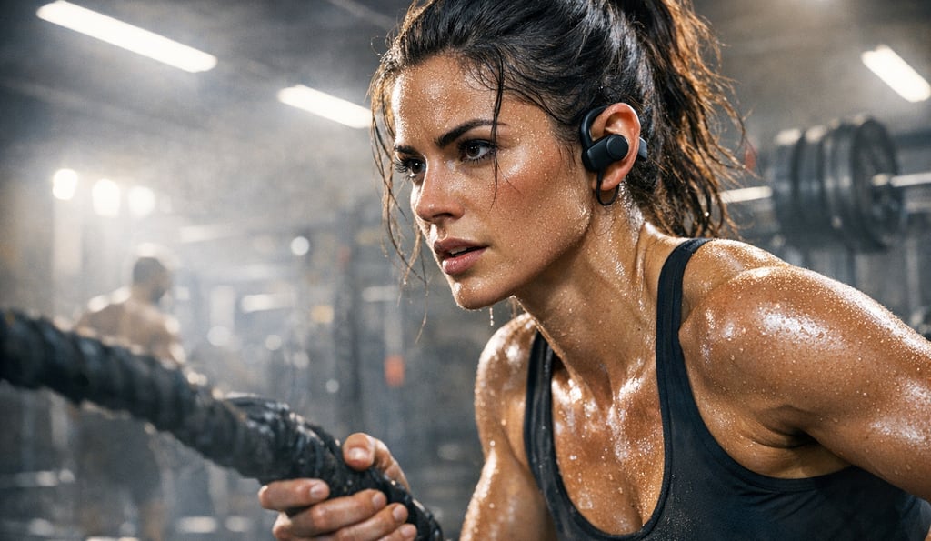 Uma mulher suada com fones de ouvido sem fio realizando um treino de alta intensidade