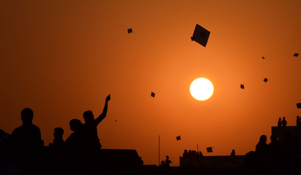 From the roof tops during the annual kite festival, Gujarat, India.