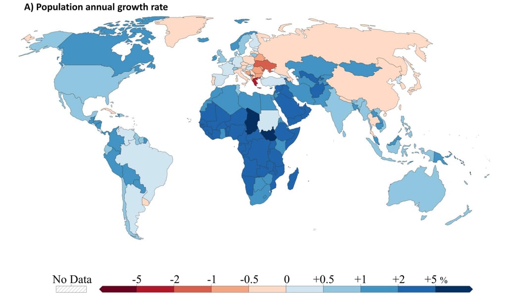 Map of annual population growth rates by country in the world
