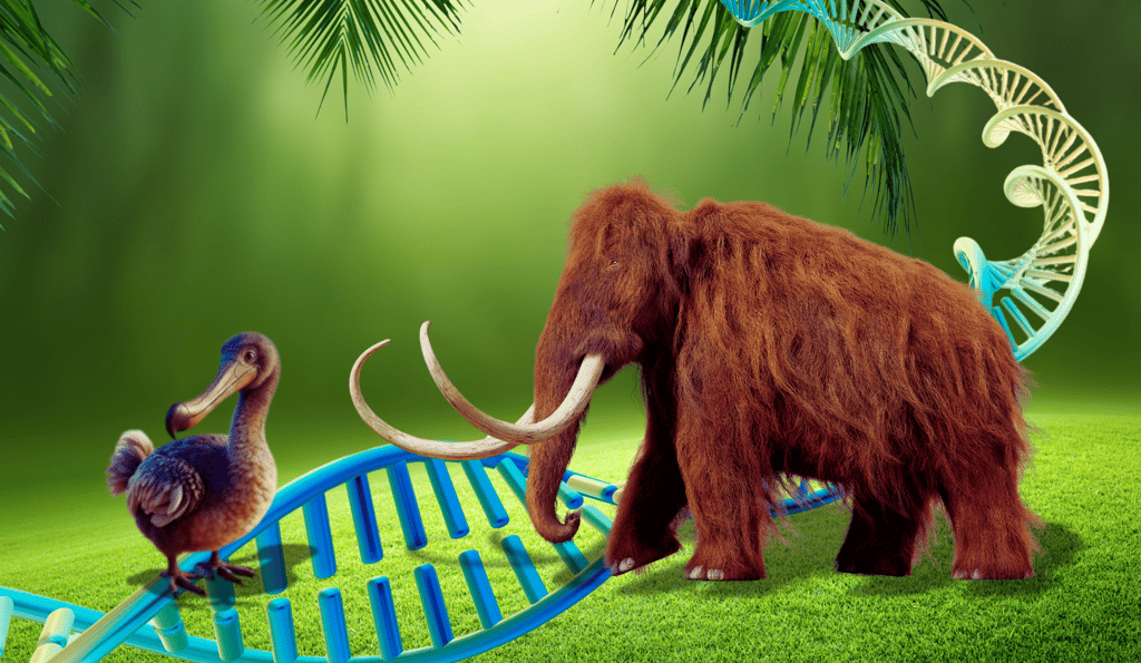 Visual illustration, dodo and mammoth, and a 3D DNA sequence passing through them.