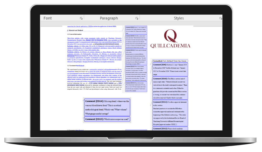 a research paper being edited in Microsoft Word with tracked changes,  comments, and formatting tool