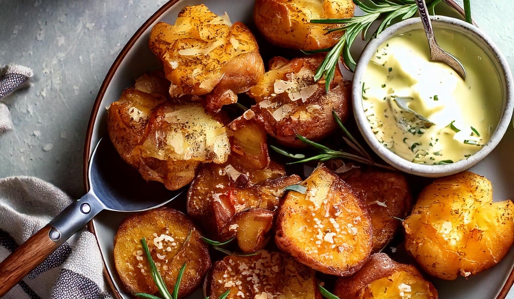 a bowl of smashed potatoes with a bowl of sauce
