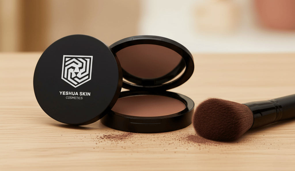 A compact powder from YESHUA Skin Cosmetics with a makeup brush on a wooden table.