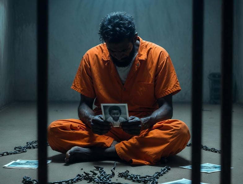 A father jailed for unpaid child support sits on a jail cell floor staring at a photo of his child