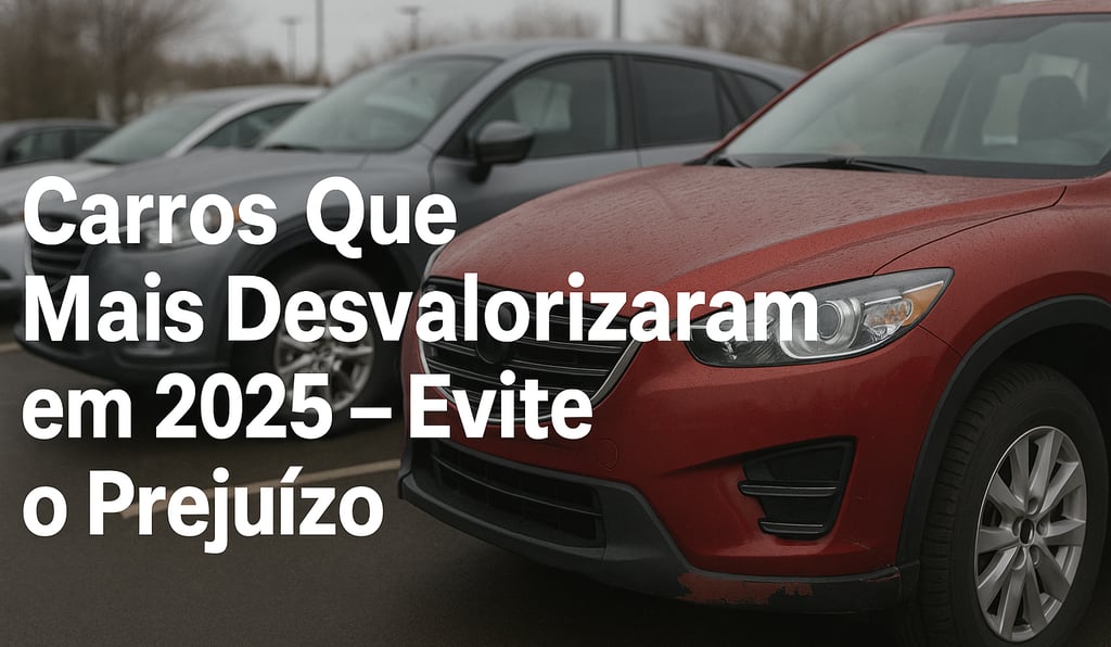  Carros usados em um pátio de revenda sob céu nublado, com destaque para um SUV vermelho desgastado 