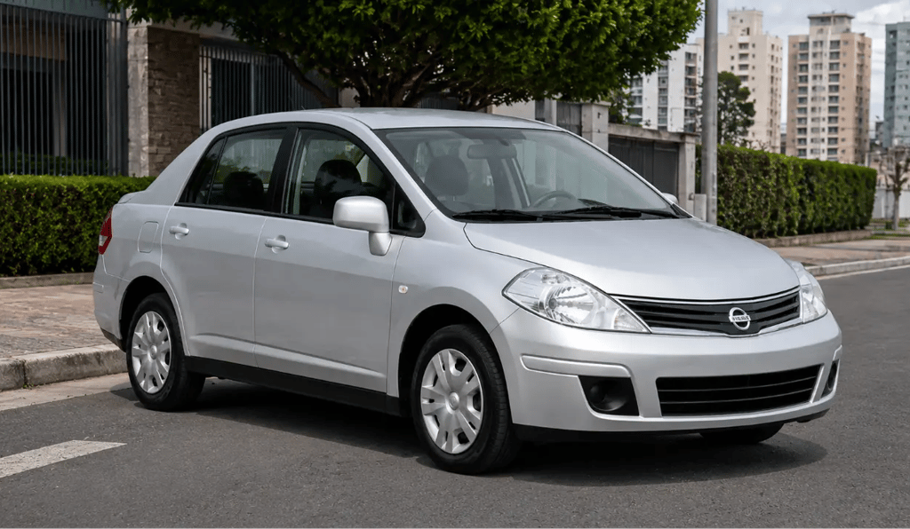 Nissan Tiida Sedan prata estacionado em rua de ambiente urbano durante o dia