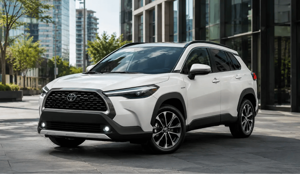 Toyota Corolla Cross Híbrido 2022 branco em cenário urbano