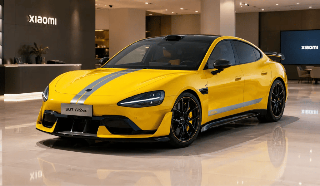 Xiaomi SU7 Ultra amarelo exposto em showroom moderno com piso brilhante.