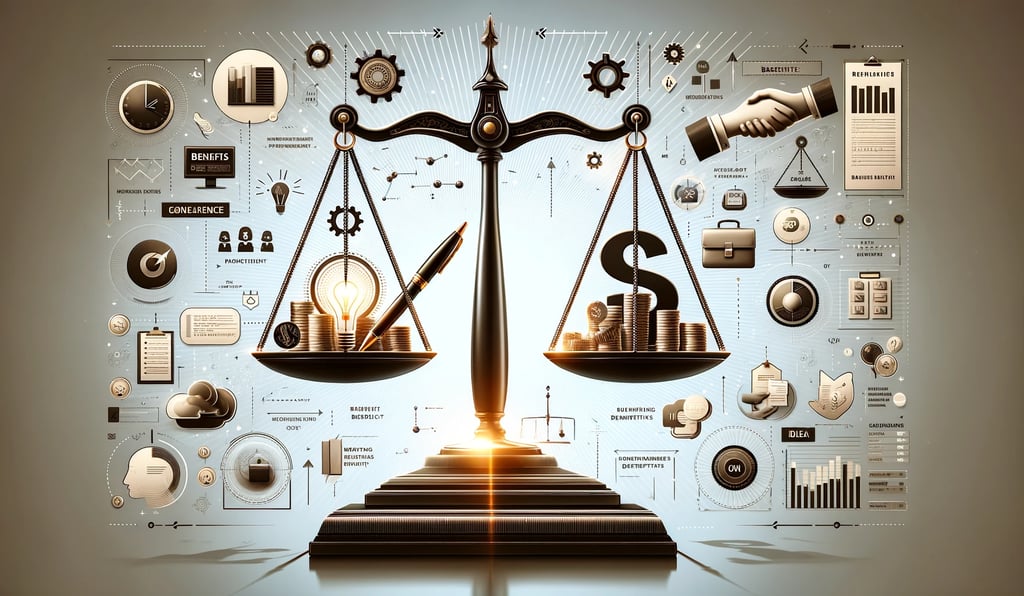 a scale with business symbols