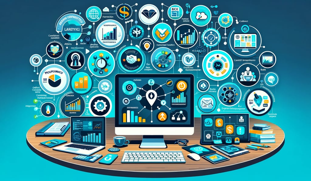 a desktop computer monitor with a desktop computer and various icons