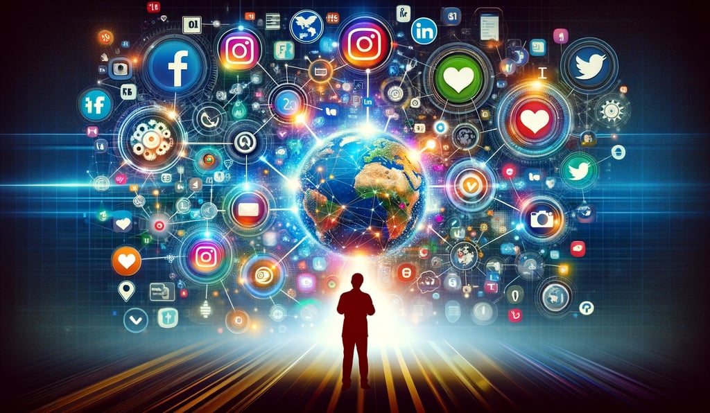 a person standing in front of a large screen with social media icons
