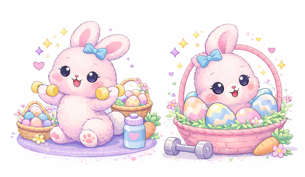 Cute pink Easter bunny characters lifting weights and sitting in an egg basket.