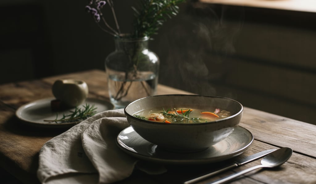 a bowl of soup with a glass of wine