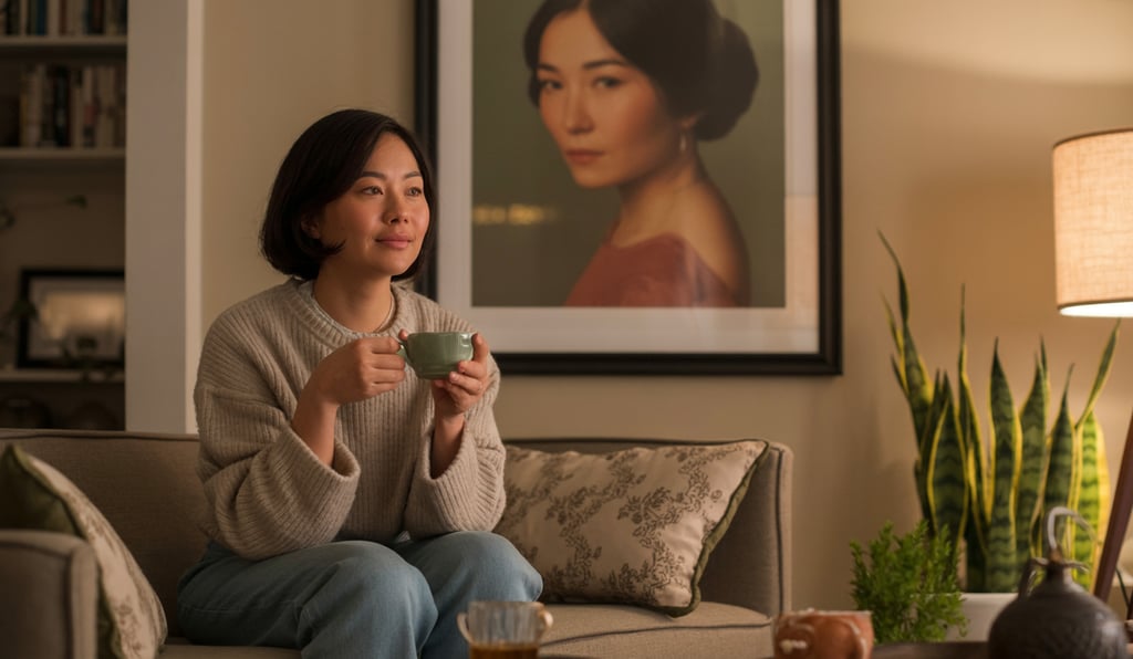 a woman sitting on a couch with a cup of coffee