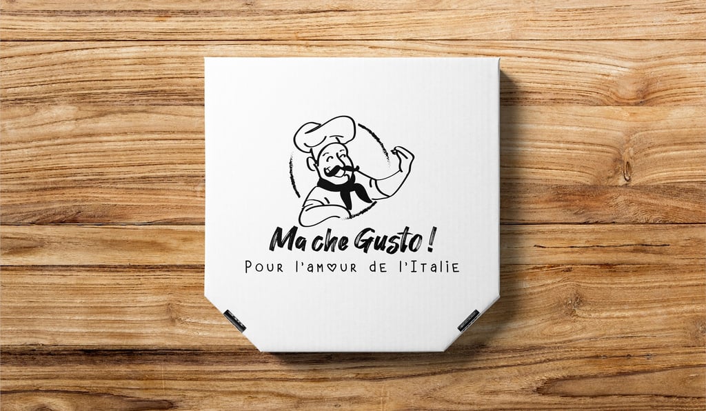 Boîte à pizza personnalisée avec logo Mache Gusto, design par Marion Guizzardi, directrice artistique, Montpellier.
