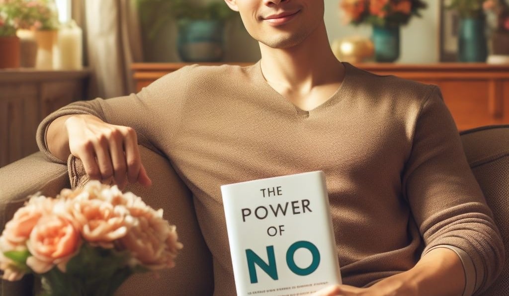 a man sitting on a couch holding a book with NO on the cover