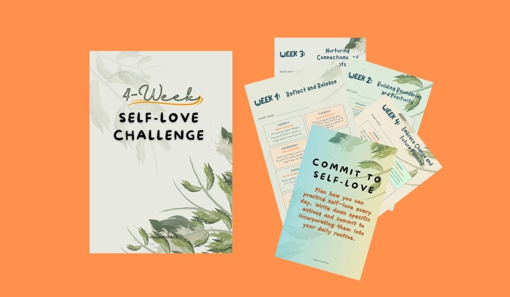 Photo of worksheets illustrating a 4-week self care challenge