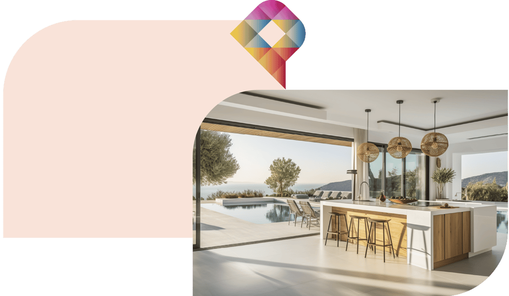 Cozinha moderna e luxuosa de conceito aberto e ilha com vista para uma piscina infinita privada e vi