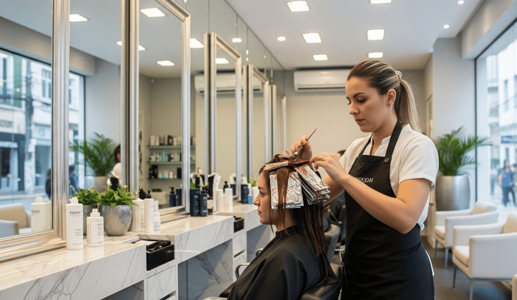 Uma cabeleireira profissional aplicando tintura ou mechas no cabelo de uma cliente em um salão de beleza premium em Bauru.