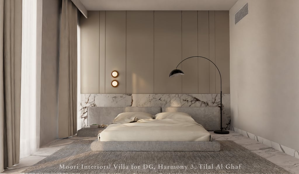 Modern bedroom featuring a minimalist monochrome design with neutral bedding and a floor lamp