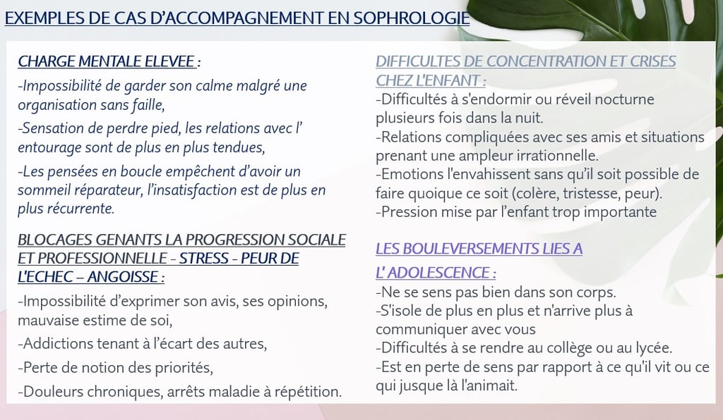 EXEMPLES D'ACCOMPAGNEMENT EN SOPHROLOGIE