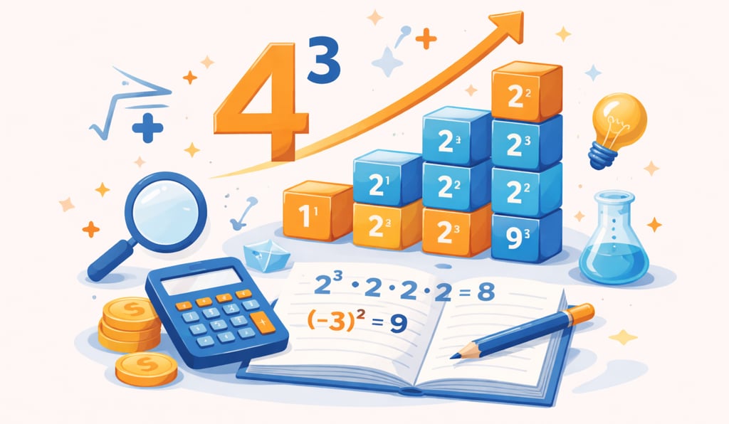 Ilustración educativa que representa la potenciación mediante bloques apilados, crecimiento progresivo y símbolos matemáticos