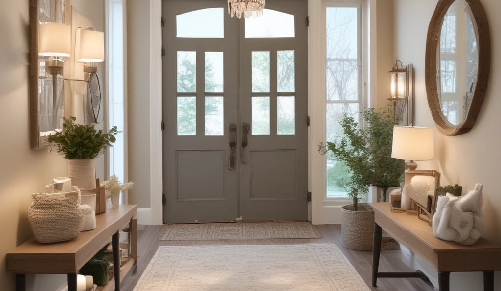 Santa claus figure standing by a blue door