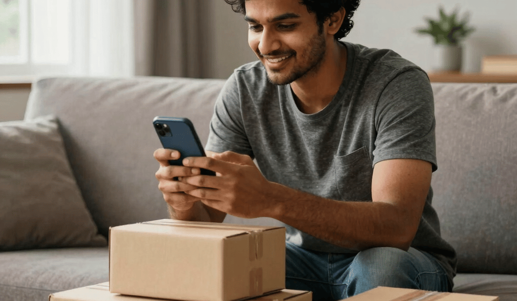 Smiling man using a smartphone to track delivery packages on a coffee table.