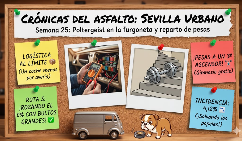 Bulletin board showing urban logistics notes, van repairs with a multimeter, and delivery challenges in Seville.