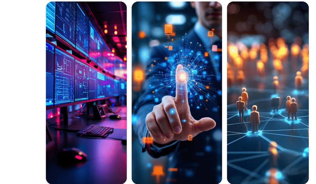 Montagem com três imagens representando tecnologia e transformação digital