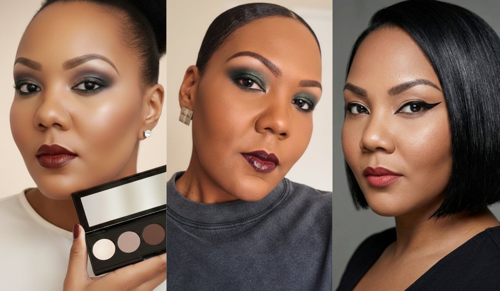 Collage of professional makeup looks on a Black woman featuring smoky eyes, winged eyeliner, and bold lipstick.