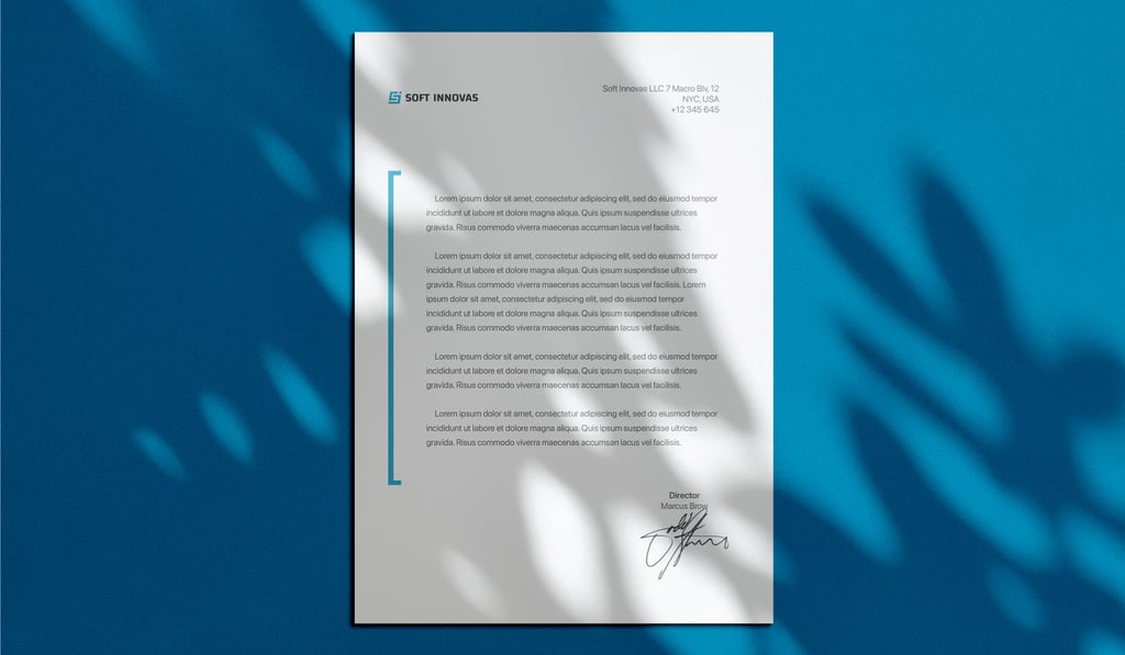 a letterhead with a blue background and a white background