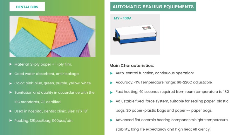 Disposable colorful dental bibs and automatic sealing equipment for medical sterilization.
