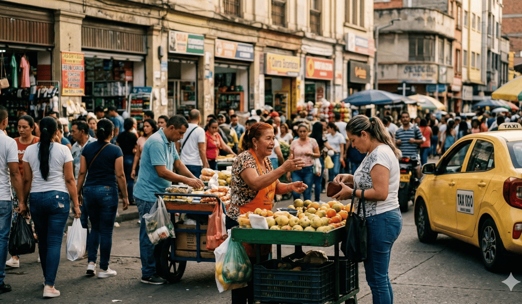 Comerciantes y ciudadanos reales en la calle, en un mercado bullicioso de Medellín.